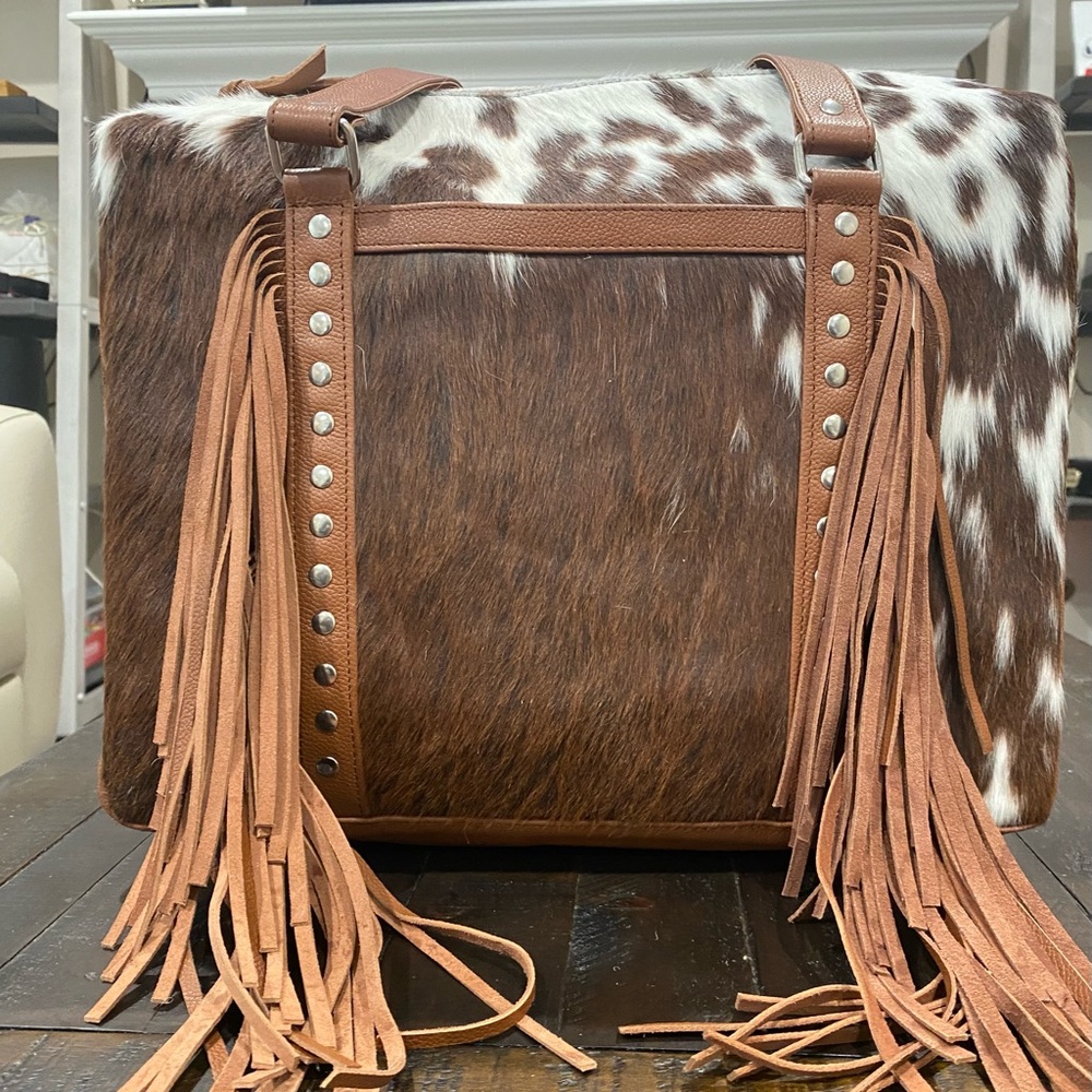 NWOT Genuine cowhide & leather bag with fringe and stud detail